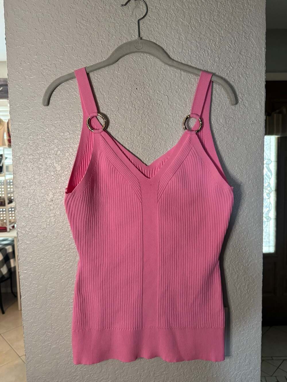 River Island Ring Detail Ribbed Knit Vest Tank Top Bright Pink Size 16